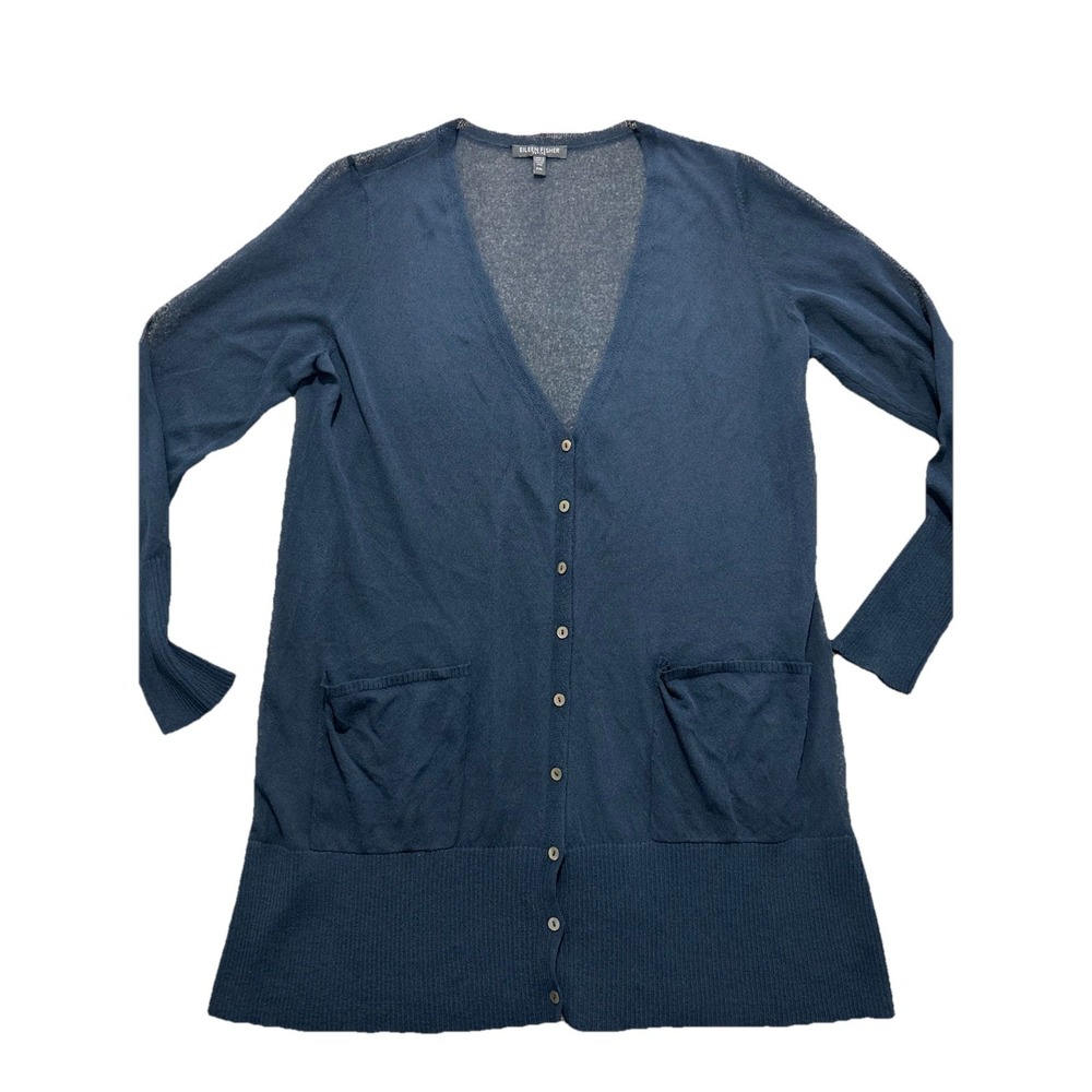 Eileen Fisher Women's‎ Medium Petite Navy Button Knit Lightweight Sheer Cardigan